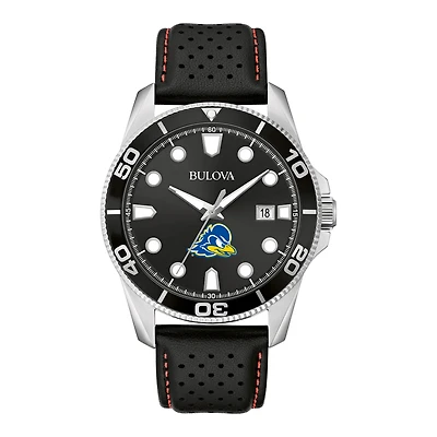 Men's Bulova Black Delaware Fightin' Blue Hens Sport Leather Strap Watch