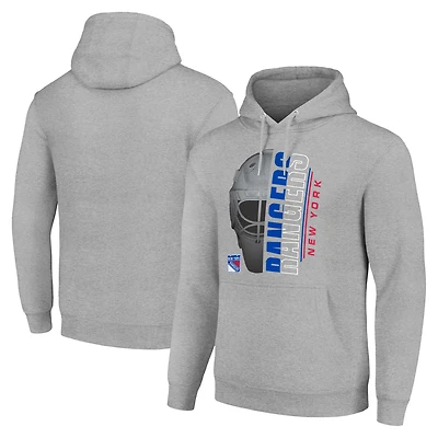 Men's Starter Heather Gray New York Rangers Half Helmet Fleece Pullover Hoodie