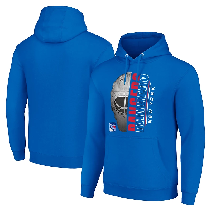 Men's Starter Blue New York Rangers Half Helmet Fleece Pullover Hoodie