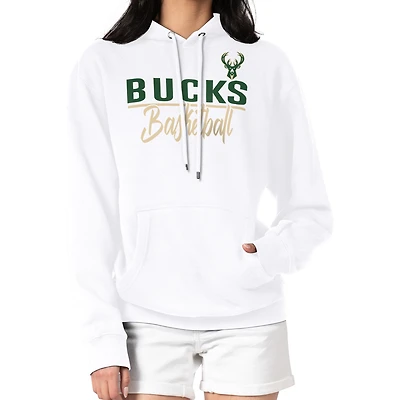 Women's G-III 4Her by Carl Banks White Milwaukee Bucks Graphics Fleece Pullover Hoodie