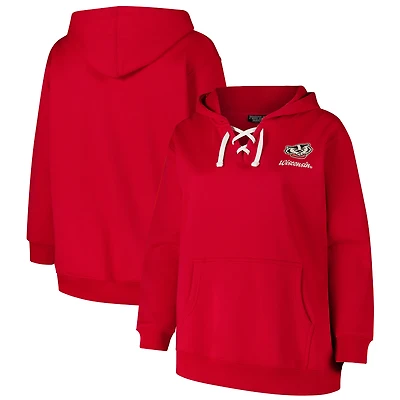Women's Fanatics Red Wisconsin Badgers Plus Size Scripy Lace-Up V-Neck Hoodie