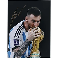 Lionel Messi Argentina National Team Autographed 12" x 16" 2022 FIFA World Cup Final Trophy Photograph - Signed in Gold