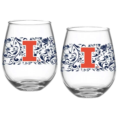 Illinois Fighting Illini Two-Pack 15oz. Floral Stemless Glass Set