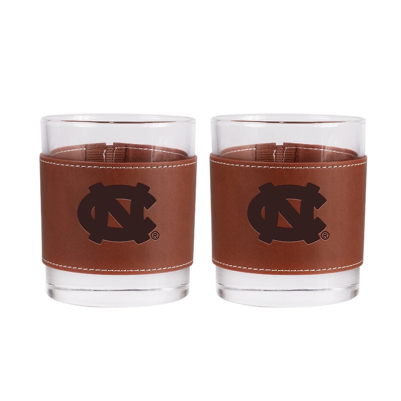 North Carolina Tar Heels 2-Pack 12oz Rocks Glass with Leather Wrap