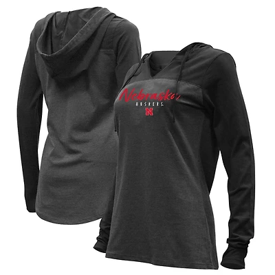 Women's Heather Charcoal Nebraska Huskers Knockout Color Block Hooded V-Neck Long Sleeve T-Shirt