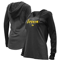 Women's Heather Charcoal Iowa Hawkeyes Knockout Color Block Hooded V-Neck Long Sleeve T-Shirt