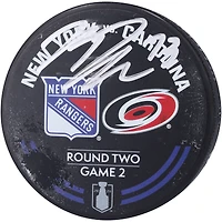 Matt Rempe New York Rangers Autographed Practice-Used Warm-Up Puck from Game 2 of the Second Round During the 2024 Stanley Cup Playoffs vs. Carolina Hurricanes