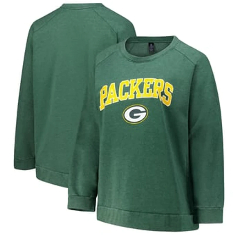 Women's Profile Heather Green Green Bay Packers Plus Size Acid Wash Raglan Sweatshirt