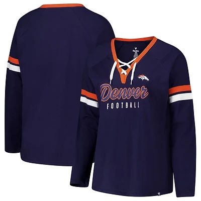 Women's Fanatics Navy Denver Broncos Plus Size Won & Done Lace-Up V-Neck Long Sleeve T-Shirt