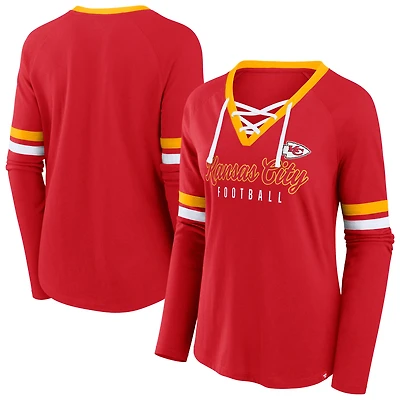 Women's Fanatics Red Kansas City Chiefs Plus Size Won & Done Lace-Up V-Neck Long Sleeve T-Shirt