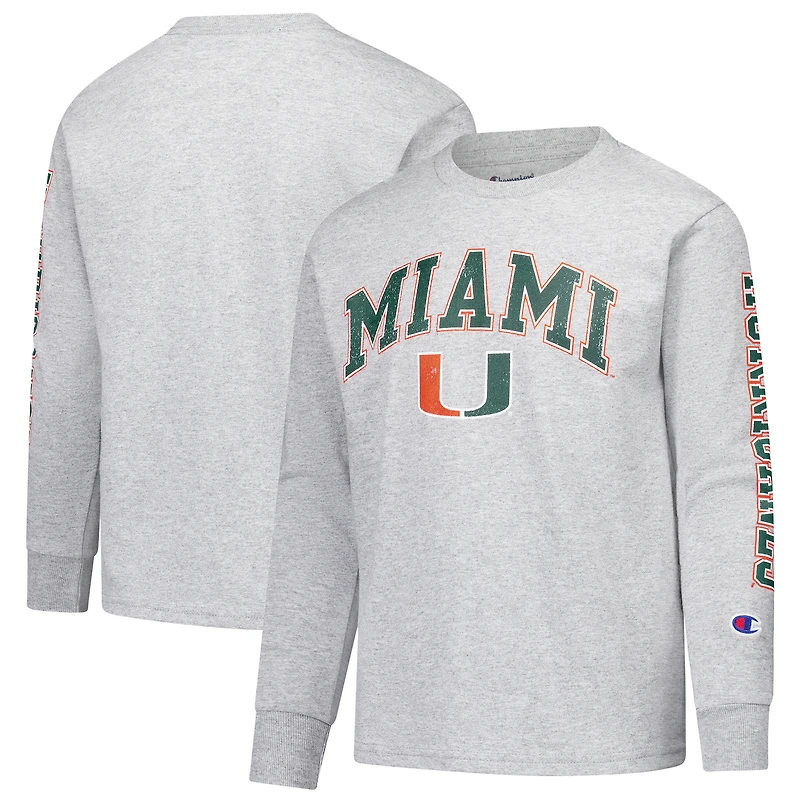 Youth Champion Gray Miami Hurricanes Distressed Arch Over Logo Long Sleeve T-Shirt