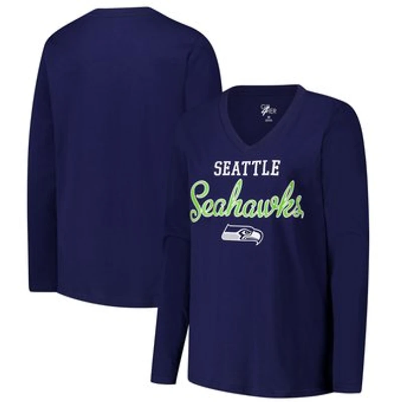 Women's G-III 4Her by Carl Banks College Navy Seattle Seahawks Post Season Long Sleeve V-Neck T-Shirt