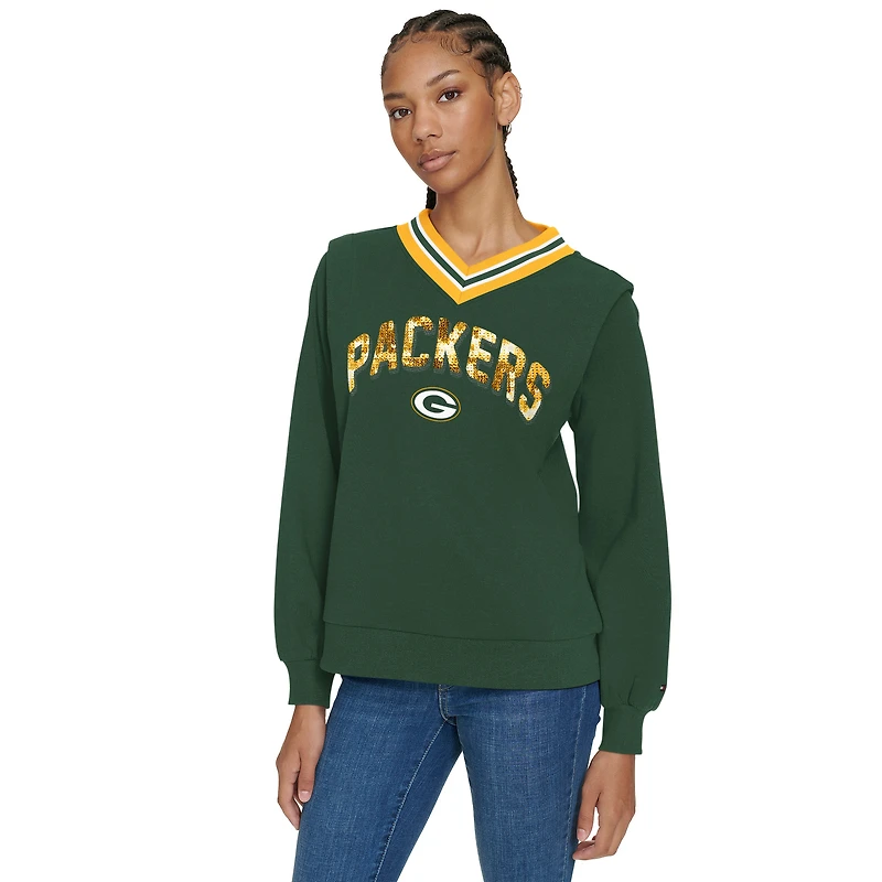 Women's Tommy Hilfiger Green Green Bay Packers Alice V-Neck Pullover Sweatshirt