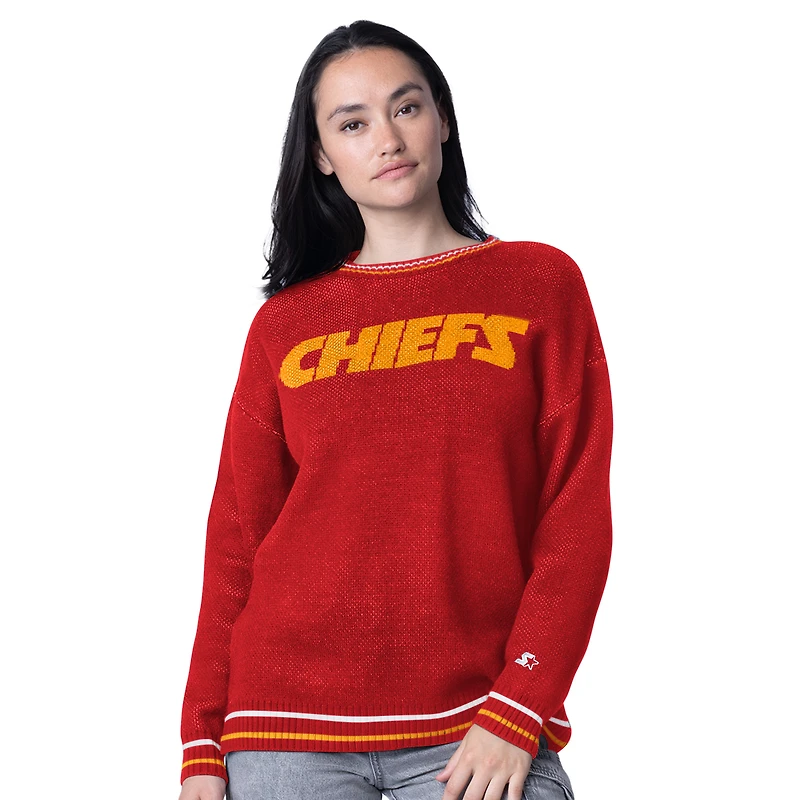 Women's Starter Red Kansas City Chiefs Oversized On the Ball Intarsia Knit Pullover Sweater