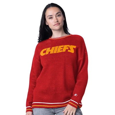 Women's Starter Red Kansas City Chiefs Oversized On the Ball Intarsia Knit Pullover Sweater