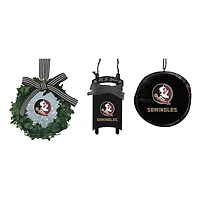 The Memory Company Florida State Seminoles Three-Pack Wreath, Sled & Circle Ornament Set