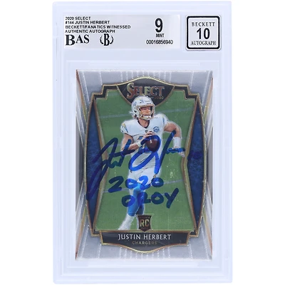 Justin Herbert Los Angeles Chargers Autographed 2020 Panini Select #144 Beckett Fanatics Witnessed Authenticated Rookie Card with "2020 OROY" Inscription