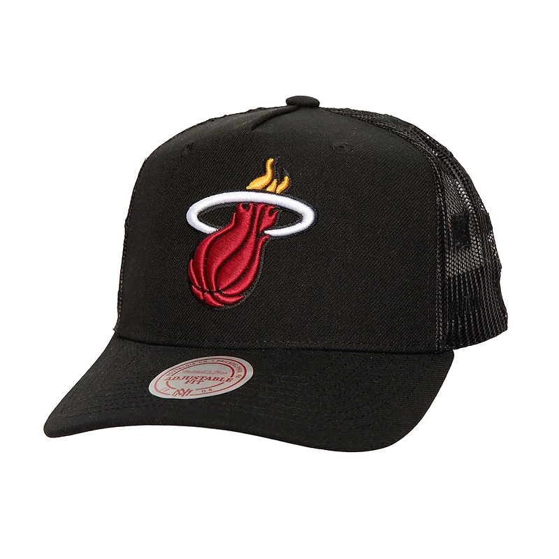 Men's Mitchell & Ness Black Miami Heat Monogram Allover Logo Mesh Trucker Adjustable Hat