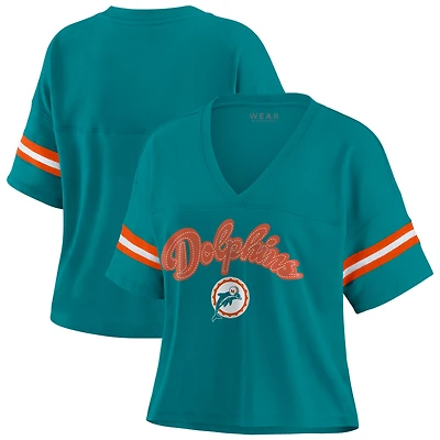 Women's WEAR by Erin Andrews Aqua Miami Dolphins Color Block Boxy V-Neck T-Shirt
