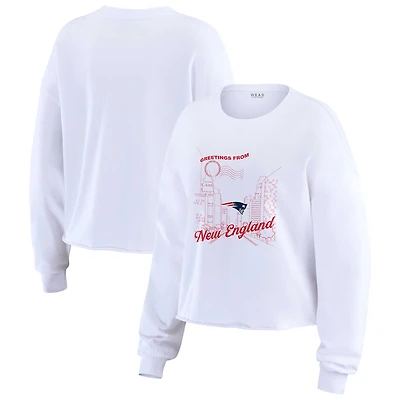Women's WEAR by Erin Andrews White New England Patriots Postcard Cropped Long Sleeve Top