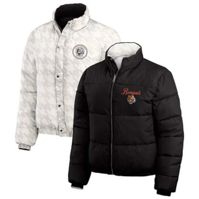 Women's WEAR by Erin Andrews Black/White Cincinnati Bengals Reversible Cropped Full-Zip Puffer Jacket