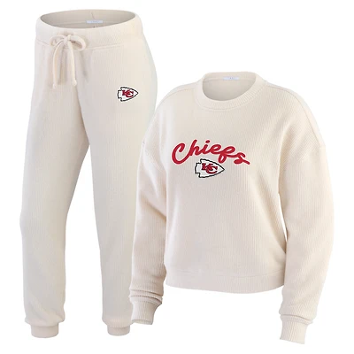 Women's WEAR by Erin Andrews Oatmeal Kansas City Chiefs Rib-Knit Long Sleeve T-Shirt & Pants Lounge Set