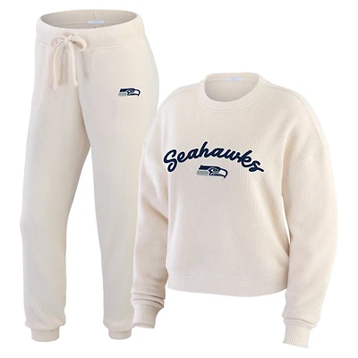 Women's WEAR by Erin Andrews Oatmeal Seattle Seahawks Plus Size Rib-Knit Long Sleeve T-Shirt & Pants Lounge Set