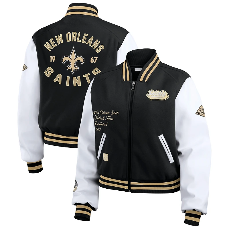 Women's WEAR by Erin Andrews Black/White New Orleans Saints Varsity Full-Zip Jacket