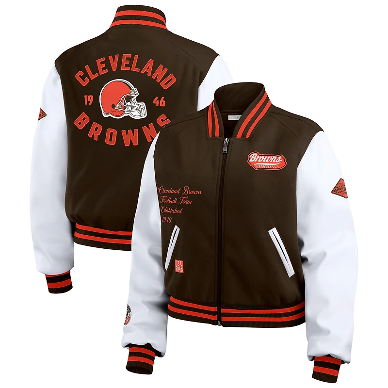 Women's WEAR by Erin Andrews Brown/White Cleveland Browns Varsity Full-Zip Jacket