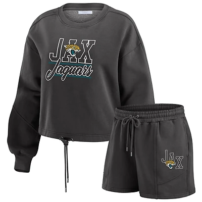 Women's WEAR by Erin Andrews Black Jacksonville Jaguars Washed Fleece Long Sleeve T-Shirt & Shorts Lounge Set