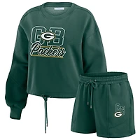 Women's WEAR by Erin Andrews Green Green Bay Packers Washed Fleece Long Sleeve T-Shirt & Shorts Lounge Set