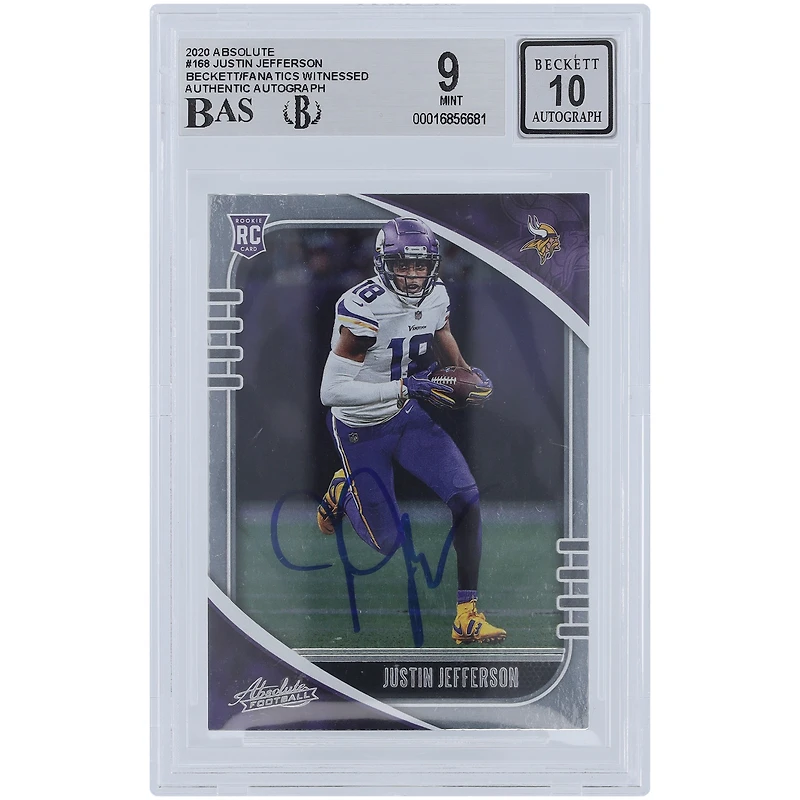 Justin Jefferson Minnesota Vikings Autographed 2020 Panini Absolute #168 Beckett Fanatics Witnessed Authenticated 9/10 Rookie Card