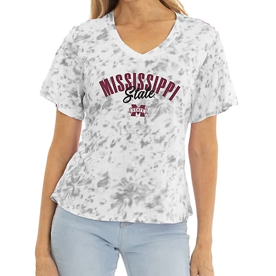 Women's White/Gray Mississippi State Bulldogs Faye Tie-Dye V-Neck T-Shirt