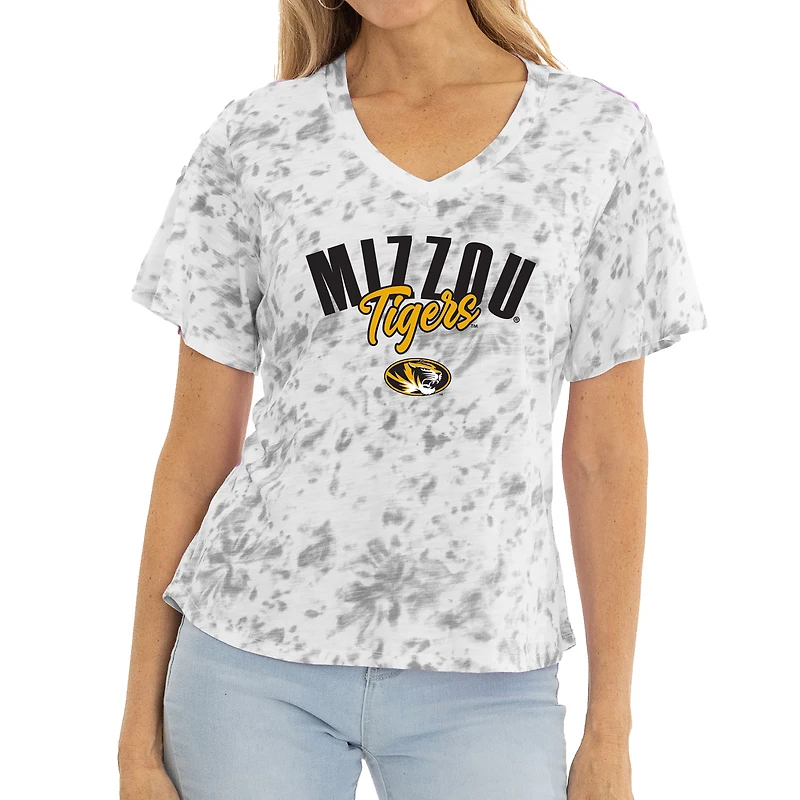 Women's White/Gray Missouri Tigers Faye Tie-Dye V-Neck T-Shirt