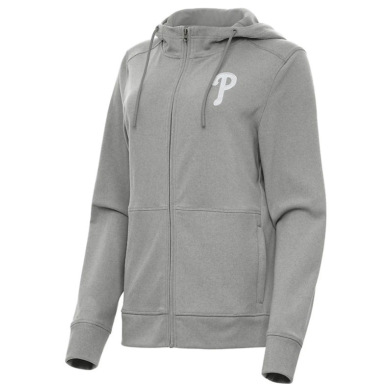 Women's Antigua Heather Gray Philadelphia Phillies Seeker Full-Zip Hoodie Jacket