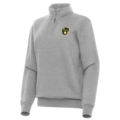 Women's Antigua Heather Gray Milwaukee Brewers Victory Quarter-Zip Sweatshirt