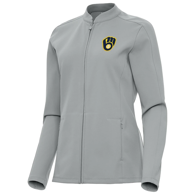 Women's Antigua Gray Milwaukee Brewers Regard Full-Zip Jacket