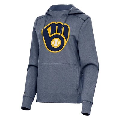 Women's Antigua Heather Navy Milwaukee Brewers Justice Pullover Hoodie