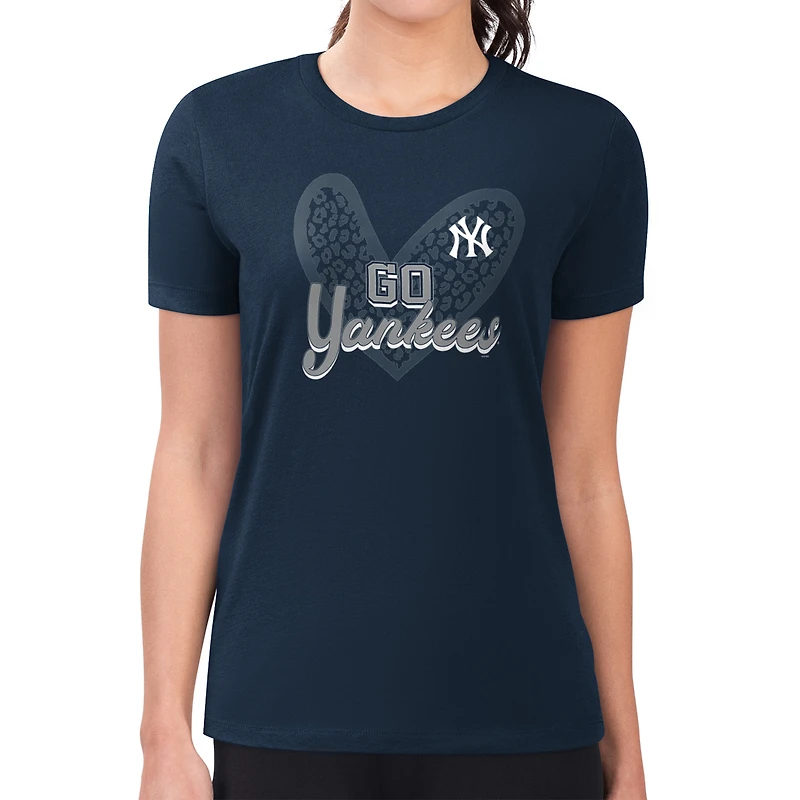 Women's G-III 4Her by Carl Banks Navy New York Yankees Super-Slim Fit Lightweight Leopard Heart T-Shirt
