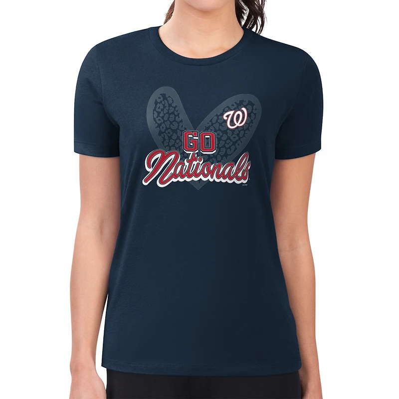 Women's G-III 4Her by Carl Banks Navy Washington Nationals Super-Slim Fit Lightweight Leopard Heart T-Shirt