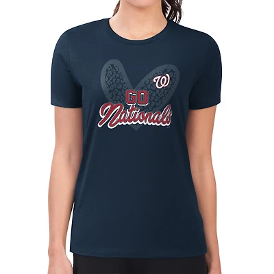 Women's G-III 4Her by Carl Banks Navy Washington Nationals Super-Slim Fit Lightweight Leopard Heart T-Shirt