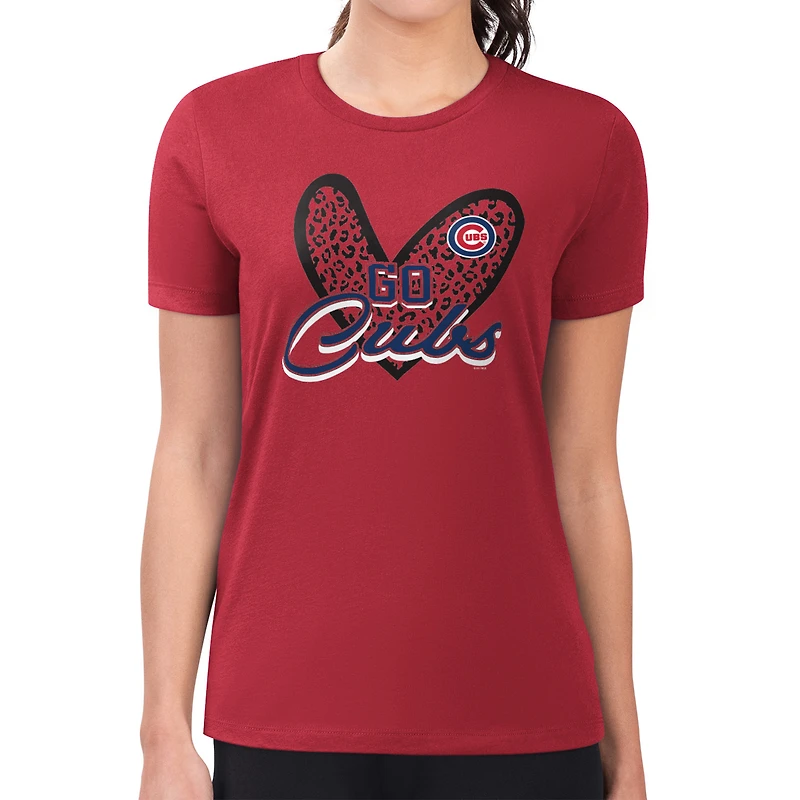 Women's G-III 4Her by Carl Banks Red Chicago Cubs Super-Slim Fit Lightweight Leopard Heart T-Shirt