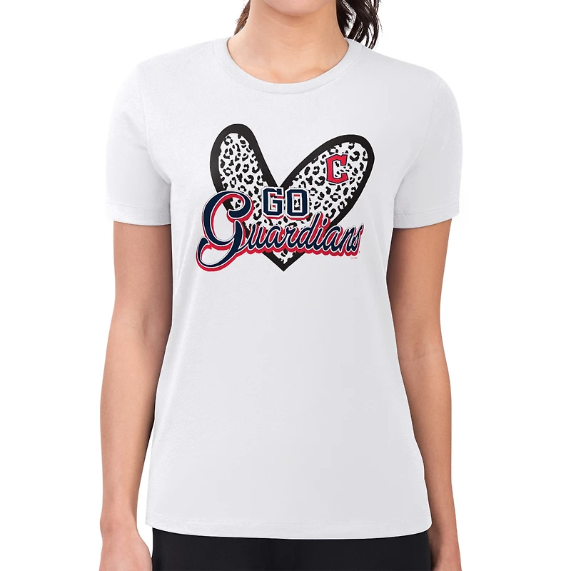 Women's G-III 4Her by Carl Banks White Cleveland Guardians Super-Slim Fit Lightweight Leopard Heart T-Shirt