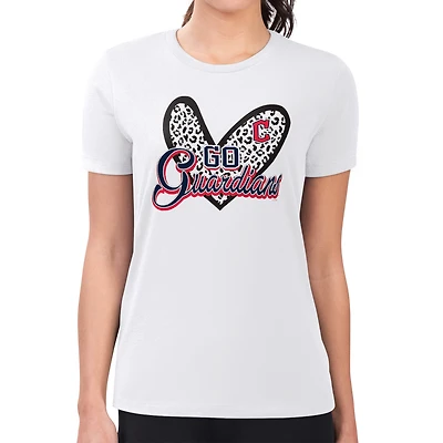 Women's G-III 4Her by Carl Banks White Cleveland Guardians Super-Slim Fit Lightweight Leopard Heart T-Shirt