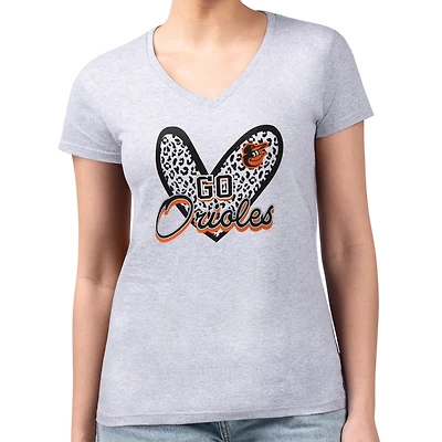 Women's G-III 4Her by Carl Banks Heather Gray Baltimore Orioles Super-Slim Fit Lightweight Leopard Heart V-Neck T-Shirt