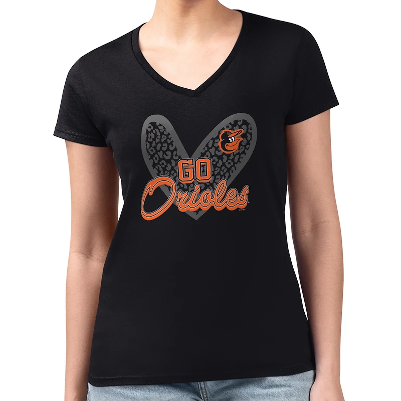 Women's G-III 4Her by Carl Banks Black Baltimore Orioles Super-Slim Fit Lightweight Leopard Heart V-Neck T-Shirt