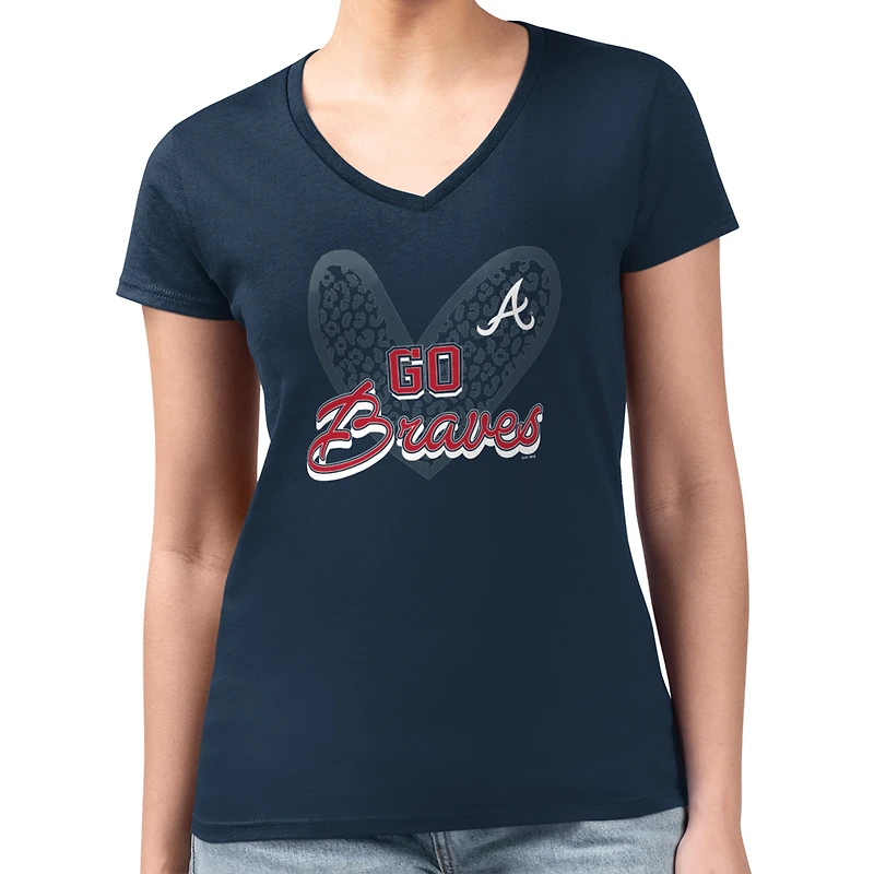 Women's G-III 4Her by Carl Banks Navy Atlanta Braves Super-Slim Fit Lightweight Leopard Heart V-Neck T-Shirt