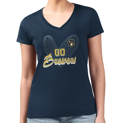 Women's G-III 4Her by Carl Banks Navy Milwaukee Brewers Super-Slim Fit Lightweight Leopard Heart V-Neck T-Shirt