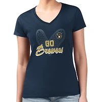 Women's G-III 4Her by Carl Banks Navy Milwaukee Brewers Super-Slim Fit Lightweight Leopard Heart V-Neck T-Shirt