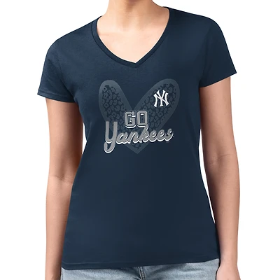 Women's G-III 4Her by Carl Banks Navy New York Yankees Super-Slim Fit Lightweight Leopard Heart V-Neck T-Shirt